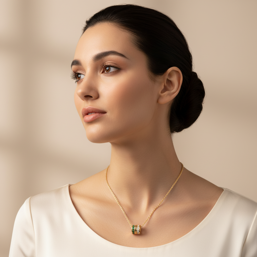 Minimal Green Gemstone Barrel Pendant | Diamond Necklace In Yellow Gold | Jebij - Five