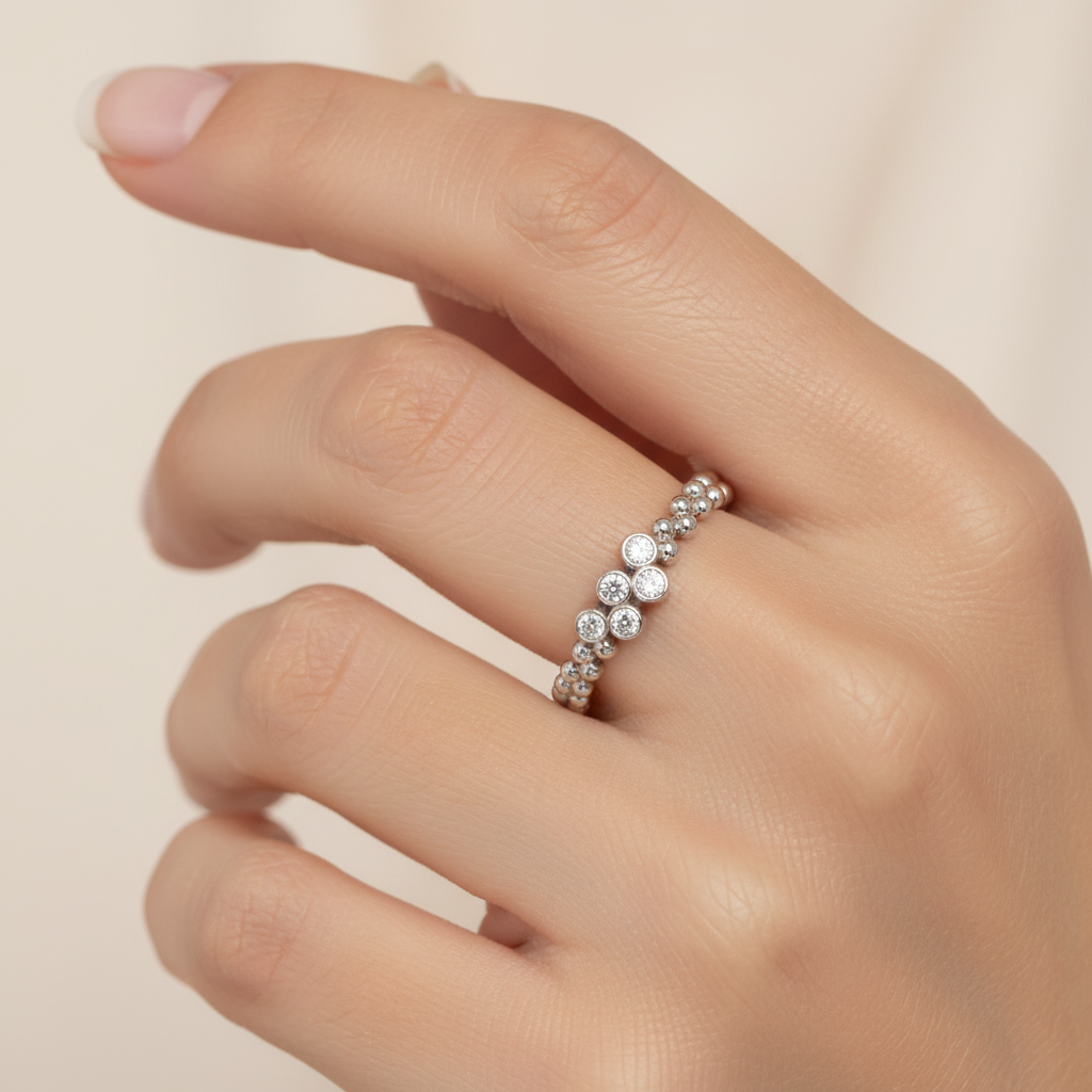 Beaded Diamond Cluster Stackable Ring With Bezel Setting - Eight