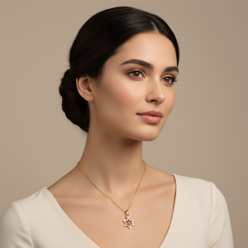 Ruby Star Of David Pendant Necklace With Cable Chain - Five
