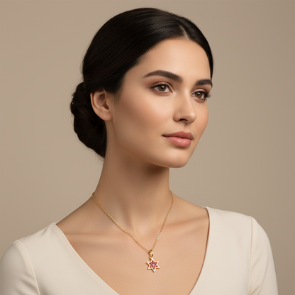 Ruby Star Of David Pendant Necklace With Cable Chain - Five