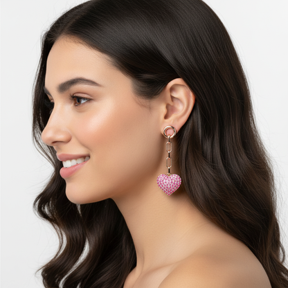 Pink Crystal Heart Chain Link Drop Earrings - Five