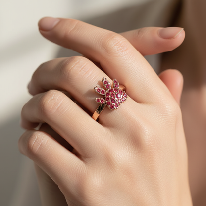 Rose Paw Print Ring With Red Crystals - Eight
