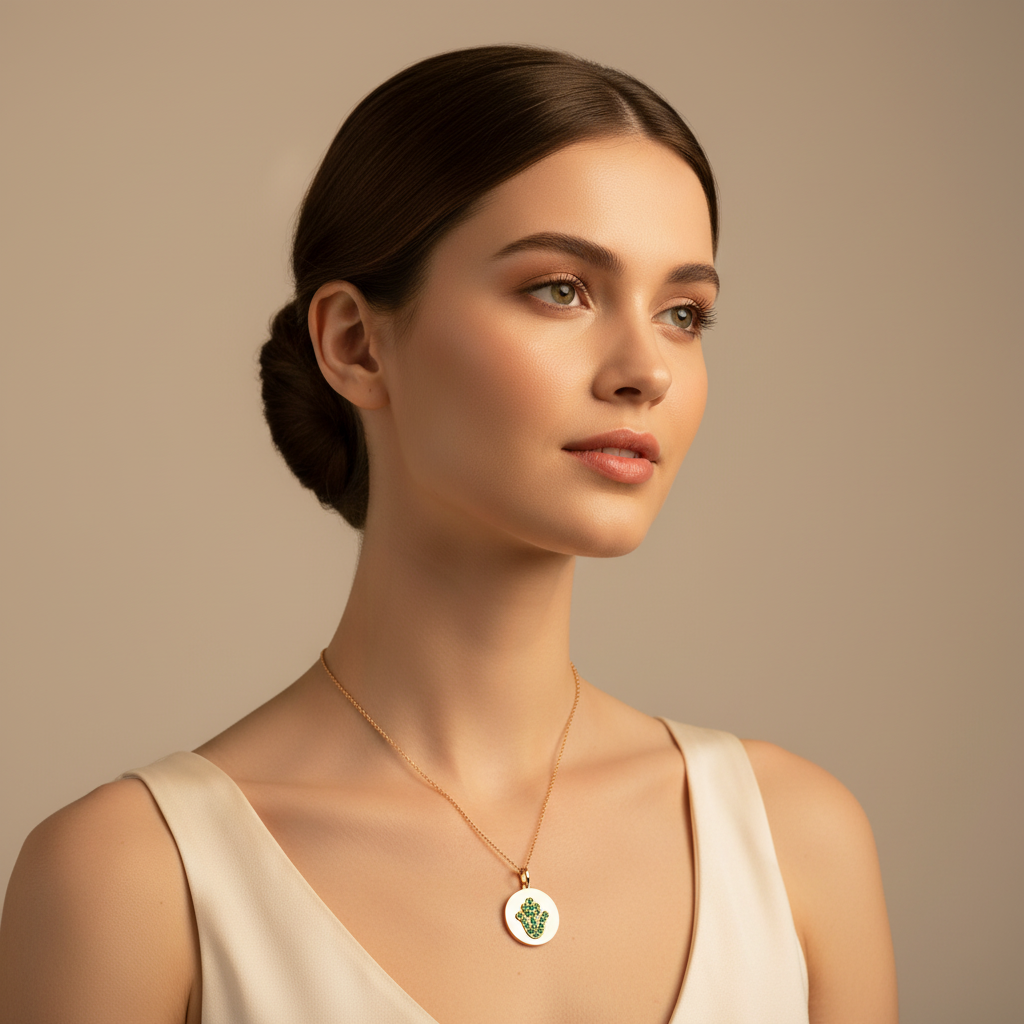 Emerald Hamsa Hand Disc Pendant Necklace - Five