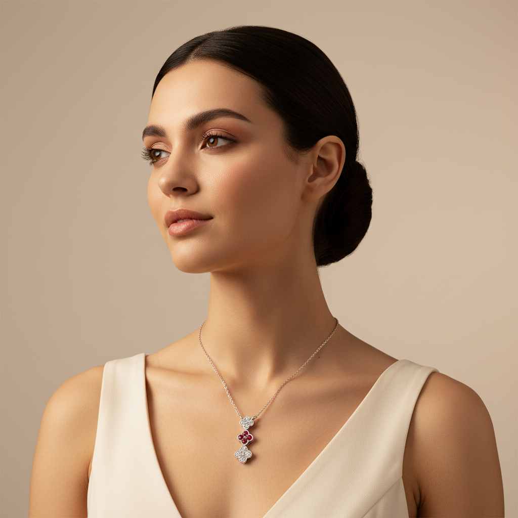Rose Gold Triple Clover Diamond And Ruby Pendant Necklace - Five
