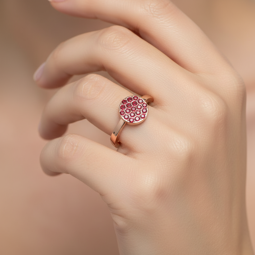 Red Garnet Pav Cluster Ring Rose Tone Stackable Band - Eight