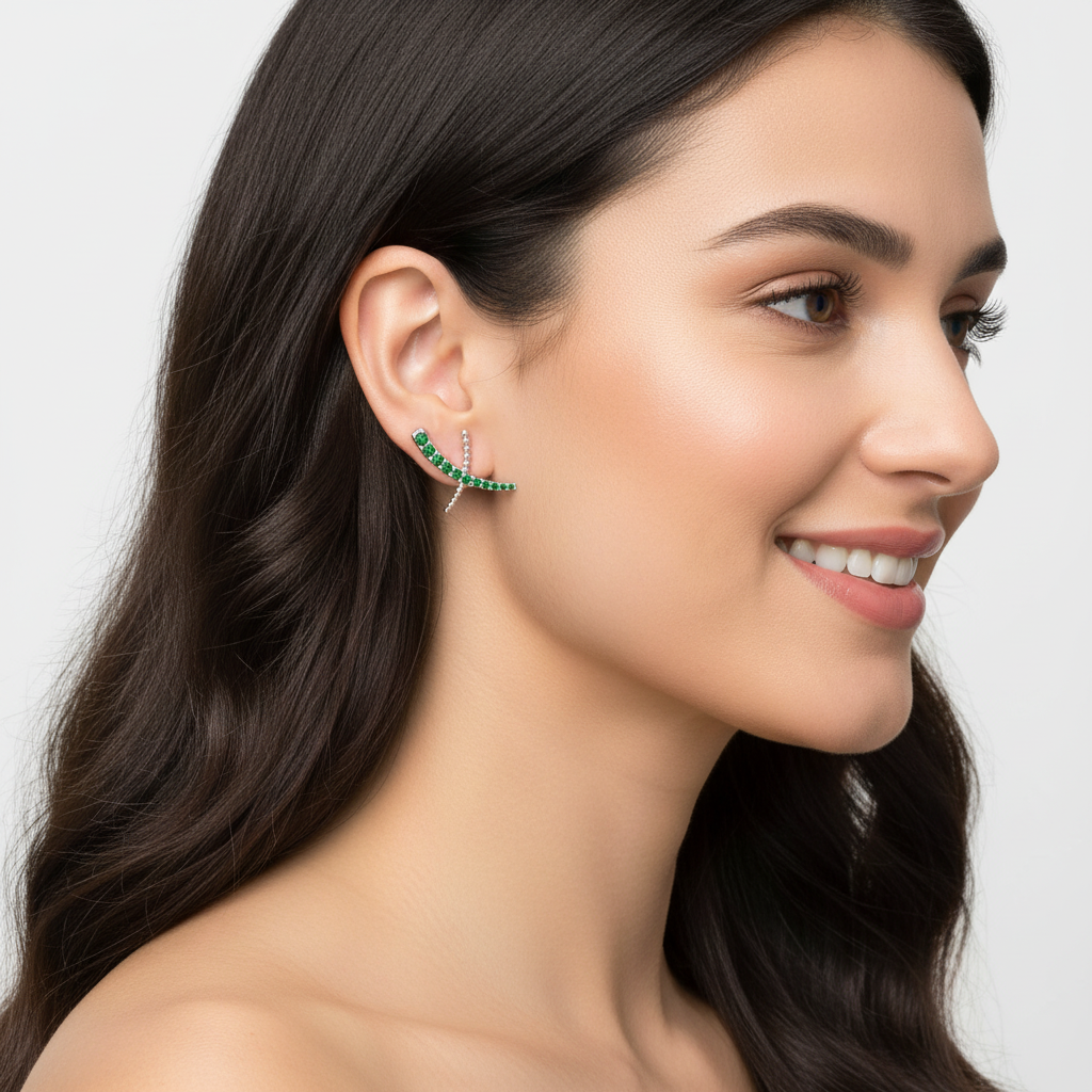 Emerald Ear Climber Earrings With Beaded Accents - Five