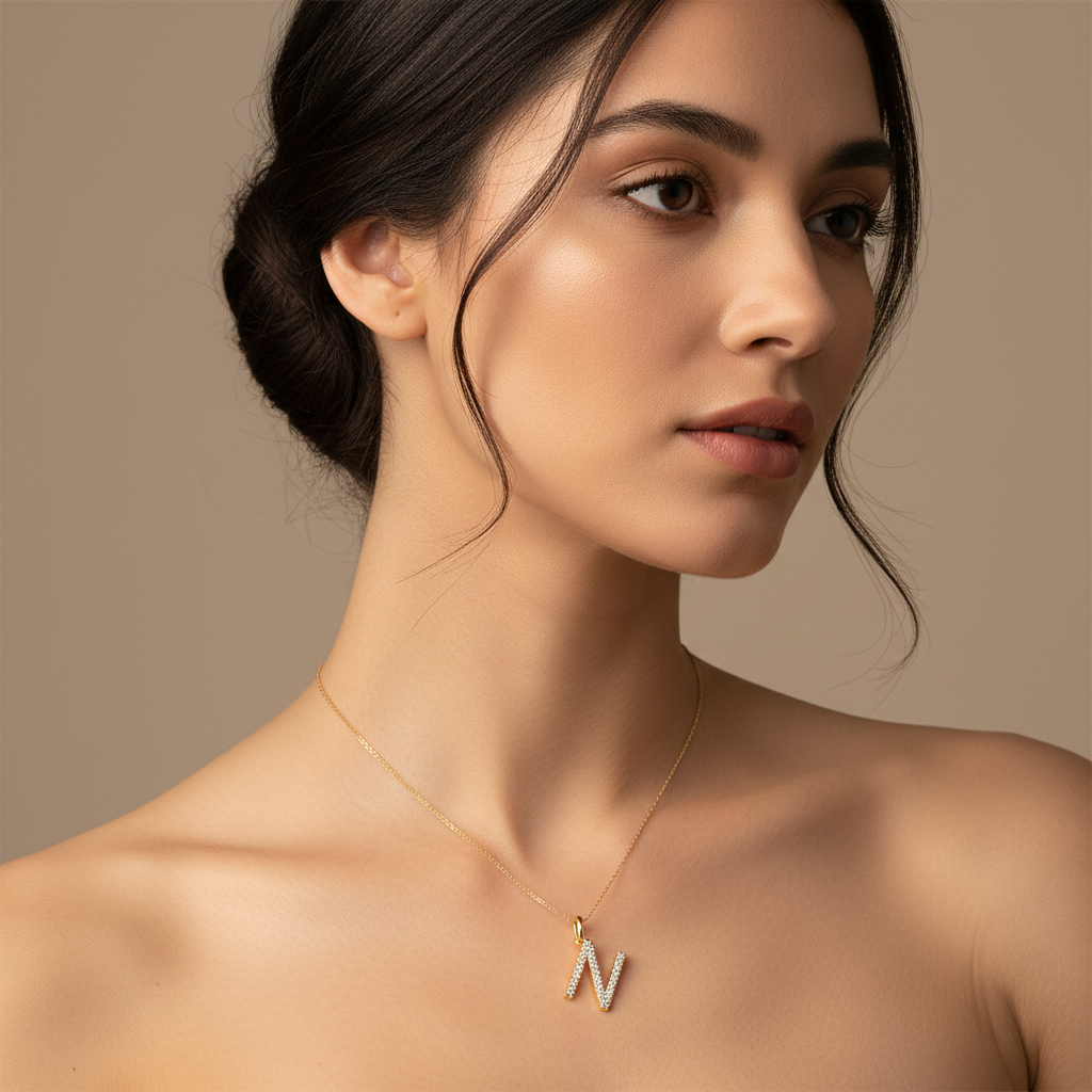Diamond Initial N Letter Pendant Charm in White Gold