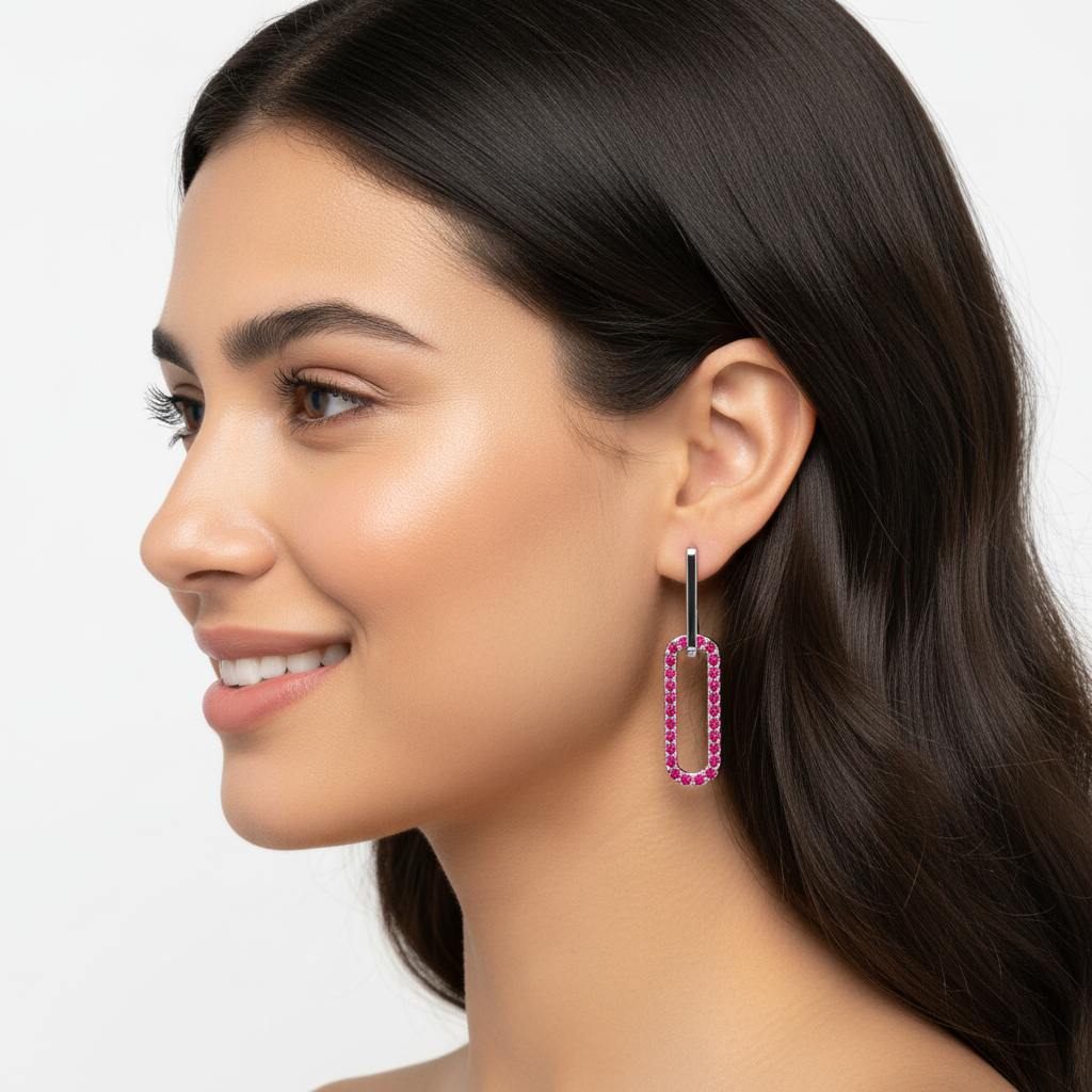 Modern Geometric Drop Earrings With Pink Gemstone Rectangular Hoops - Five