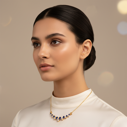 Blue Sapphire And Diamond Curved Bar Necklace In Yellow Gold - Five