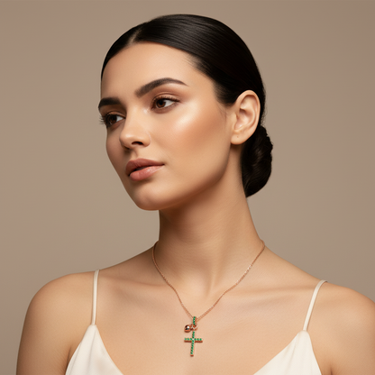 Emerald Cross Pendant Necklace With Heart Charm - Seven