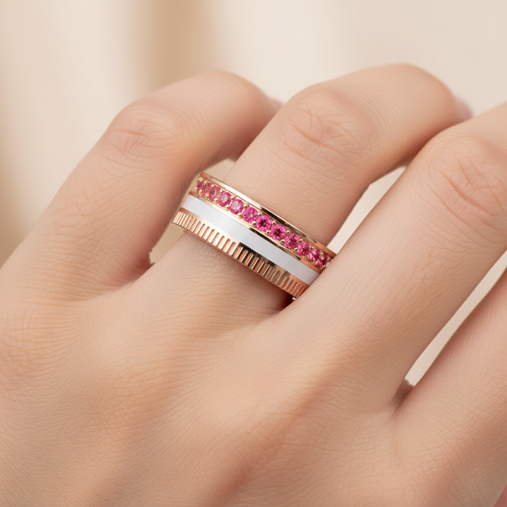Rose Gold Ruby Band Ring With White Enamel Center – Customizable Modern Statement Ring | Jebij - Two