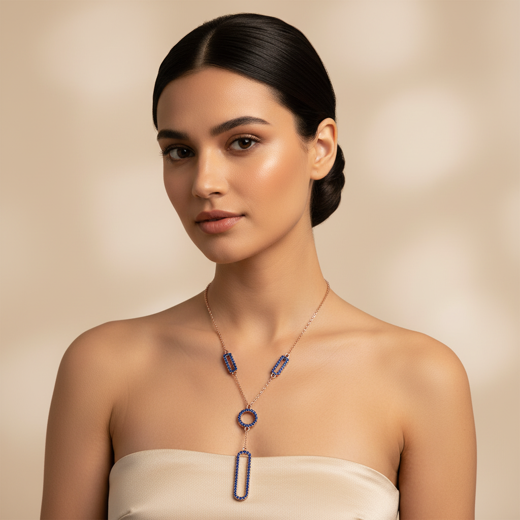 Lab-Grown Blue Sapphire Geometric Drop Y Necklace In Rose Gold | Modern Pave Circle & Bar Design (16–17 Inch Adjustable) | Jebij - Five