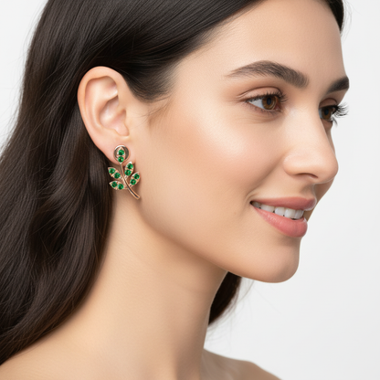 Emerald Leaf Branch Stud Earrings With Green Gemstones - Five