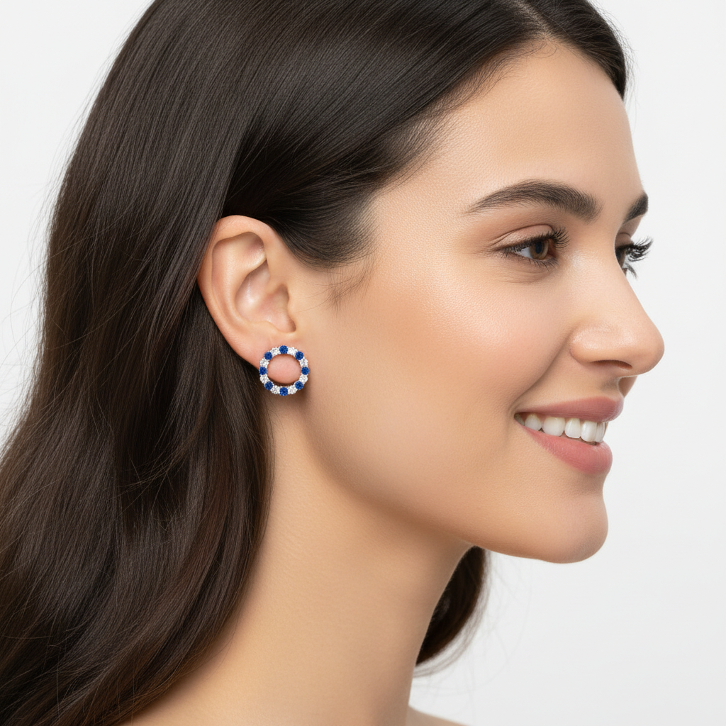 Blue And White Sapphire Circle Stud Earrings In White Gold - Eight