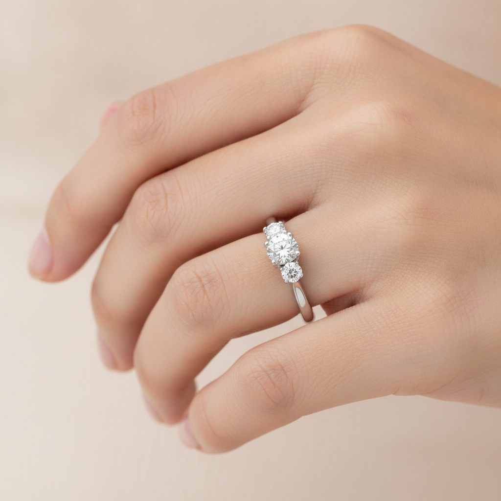 Trio Round Diamond Engagement Ring In 925 Sterling Silver - Thirteen