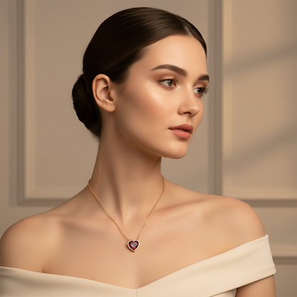 Ruby Heart Bezel Set Pendant Necklace - Five