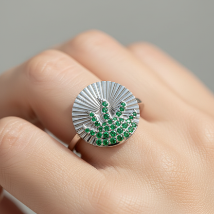 Emerald Wave Sunburst Ring With Textured Fan Design - Eight