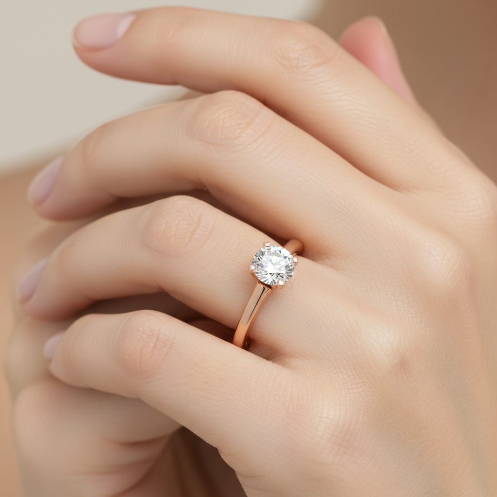 Rose Gold Solitaire Diamond Engagement Ring With Round Cut Stone - Fourteen