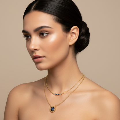 Blue Gemstone Double Layer Pendant Necklace Set - Five