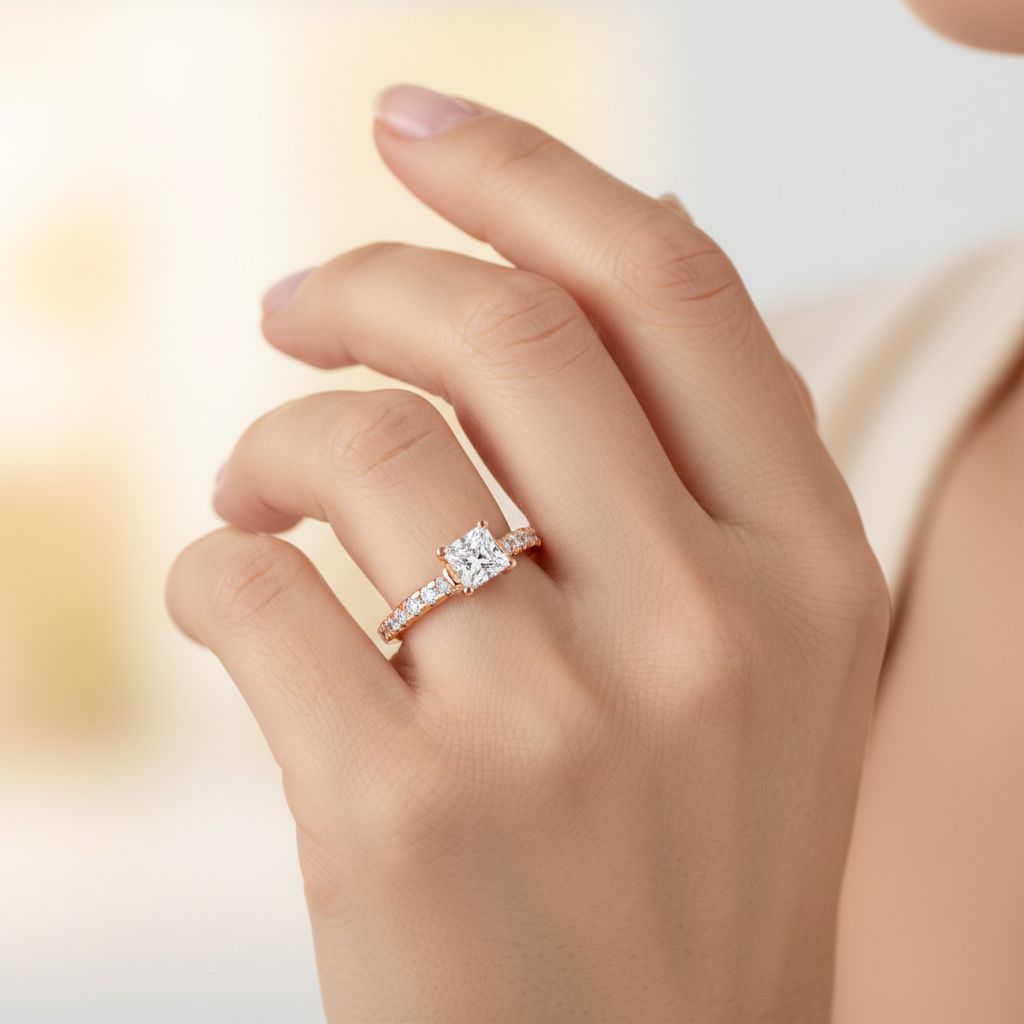Rose Gold Emerald Cut Diamond Engagement Ring With Hidden Halo And Pav Band - Fourteen