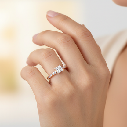 Rose Gold Emerald Cut Diamond Engagement Ring With Hidden Halo And Pav Band - Fourteen