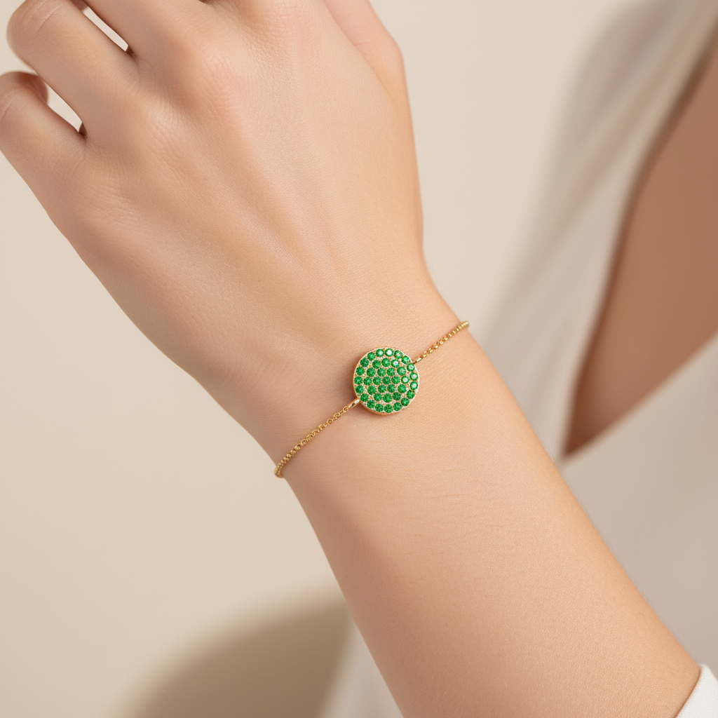 Pav Emerald Disc Chain Bracelet - Eight