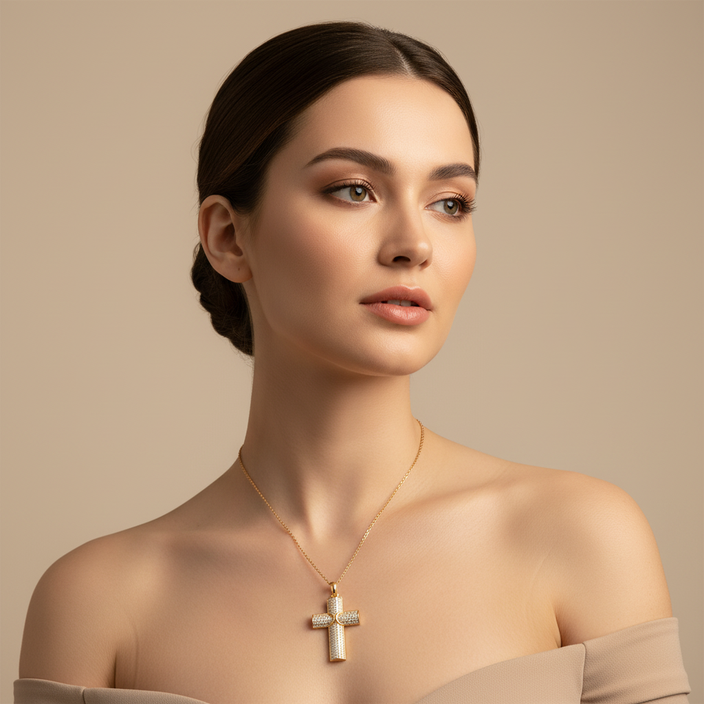 Pav Cross Pendant Necklace With Heart Detail - Five