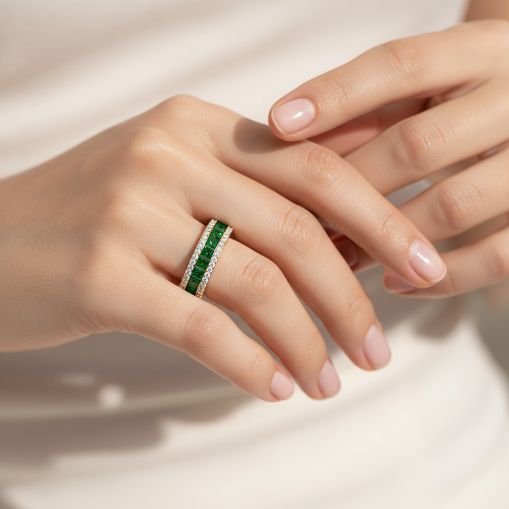 Princess Cut Emerald And Diamond Channel Set Band Ring - Eight