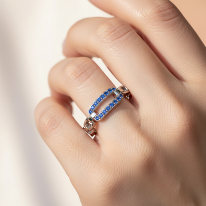 Lab-Grown Blue Sapphire Interlocking Link Ring In White Gold | Modern Chain Style Statement Ring For Women | Jebij - Eight