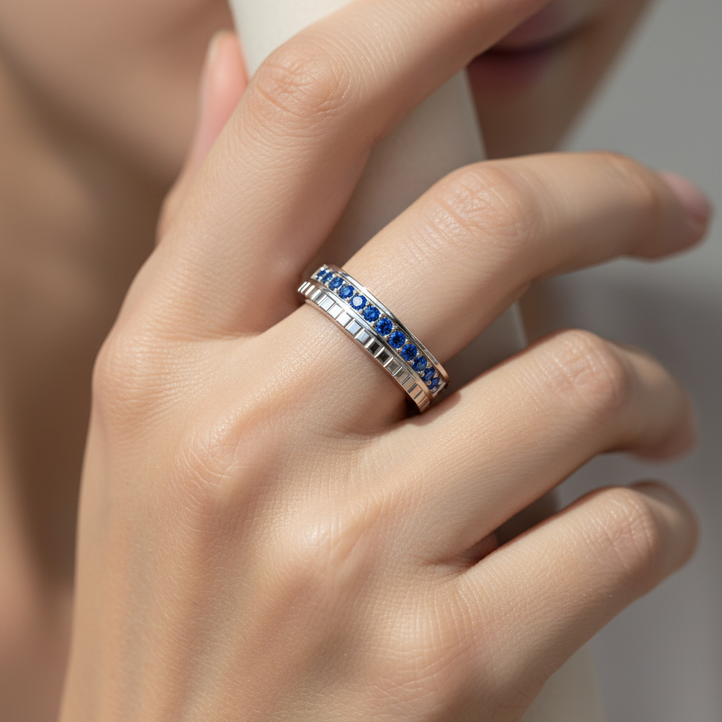 Blue Sapphire Eternity Band Ring With Textured Detail - Eight