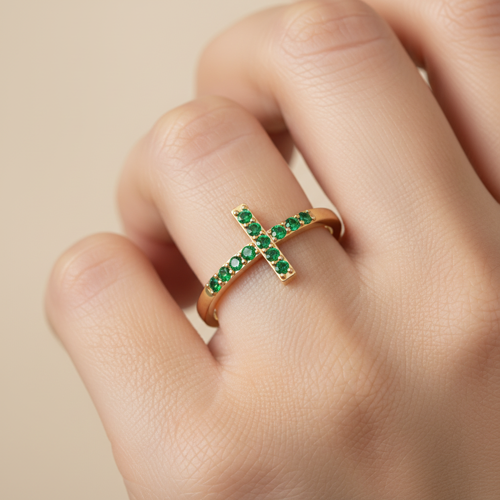 Emerald Cross Stackable Ring With Pav Gemstones - Eight