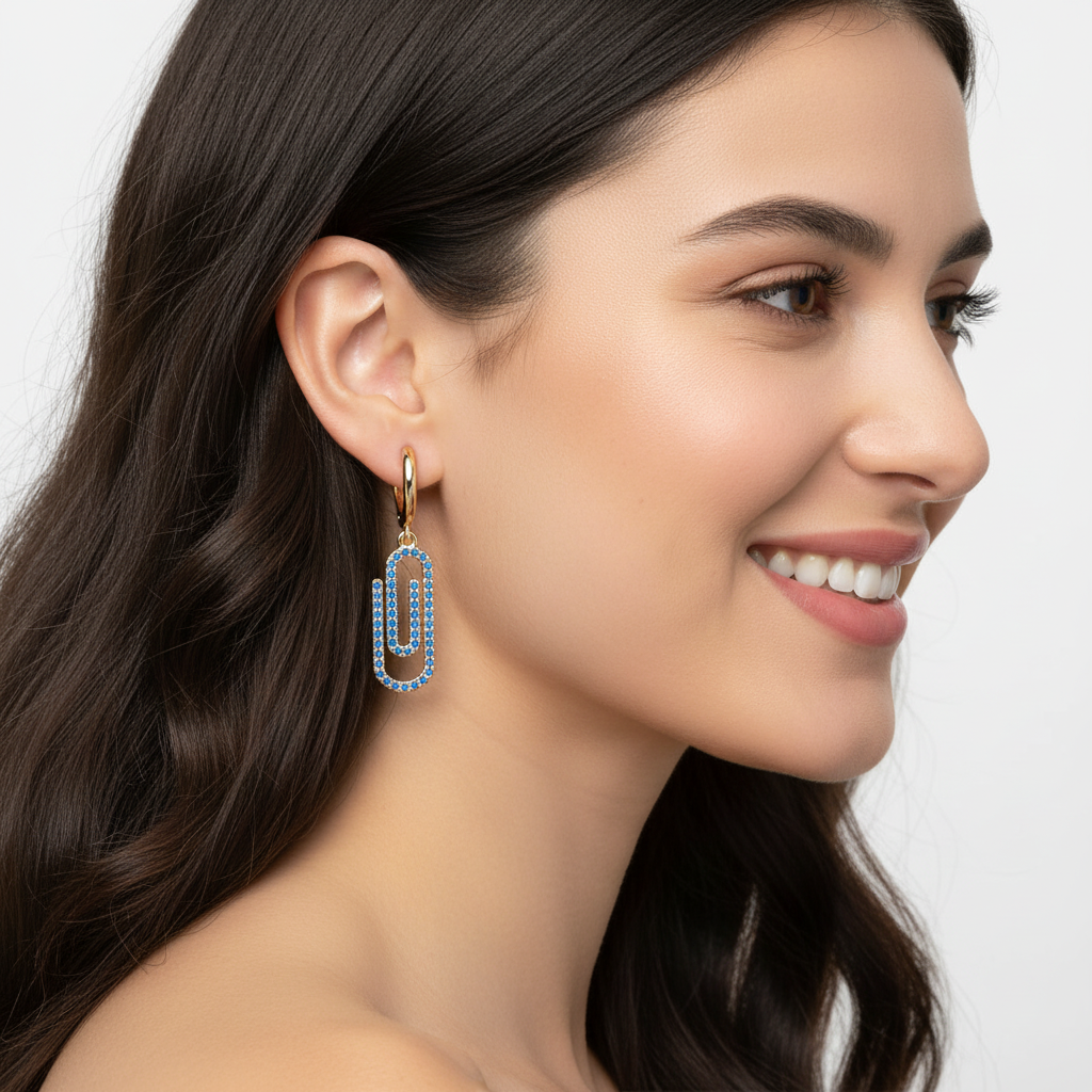 Blue Sapphire Paperclip Link Huggie Hoop Earrings - Five