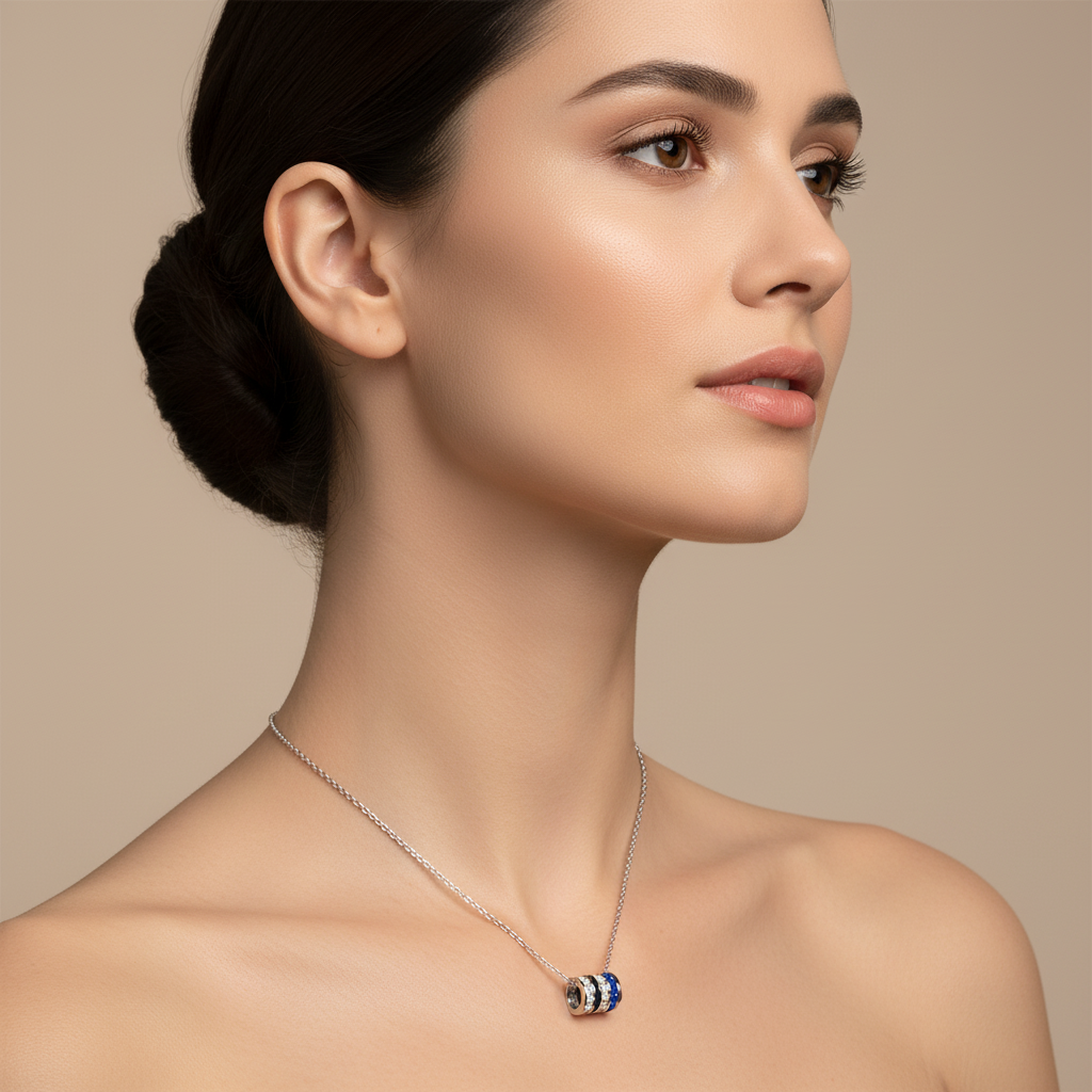 Layered Cylinder Pendant Necklace | Diamond, Blue Sapphire & Black Enamel In White Gold | Jebij - Five