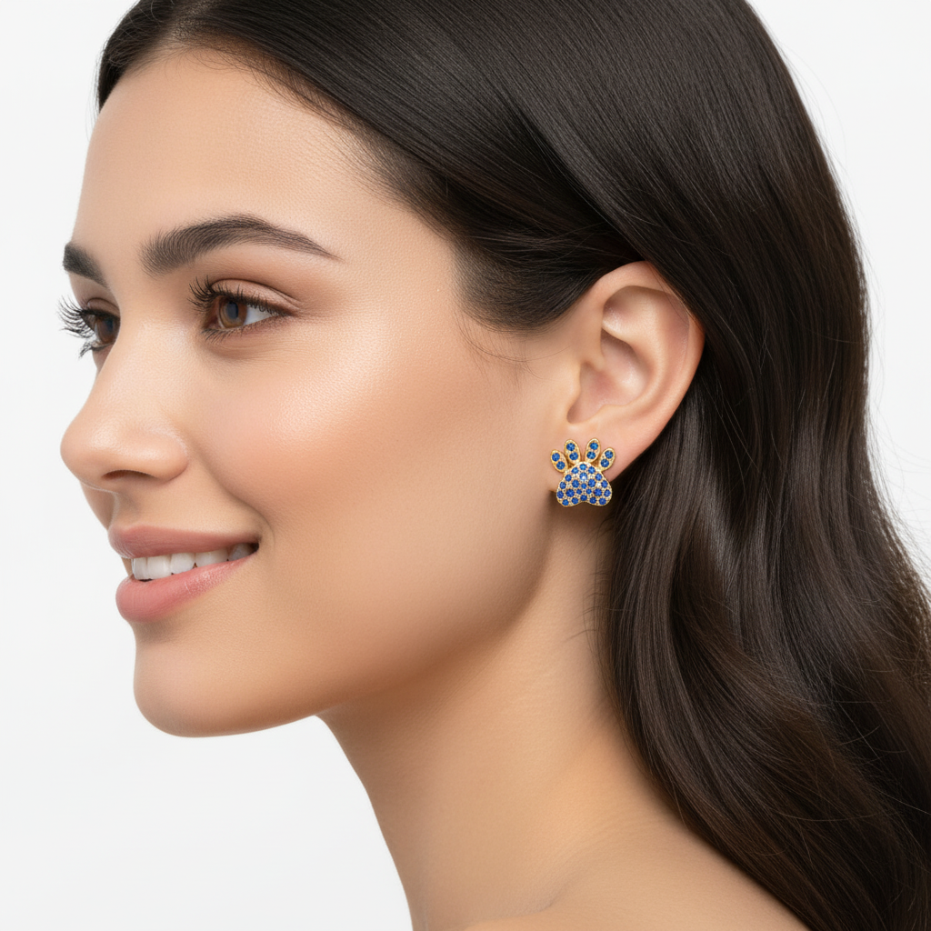 Blue Sapphire Paw Print Stud Earrings With Screw Back Closure - Five