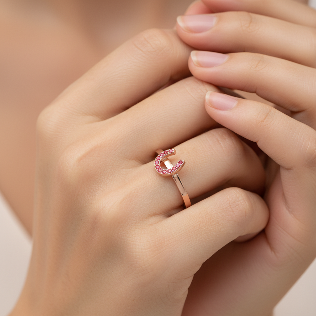 Pink Crystal Horseshoe Ring - Eight