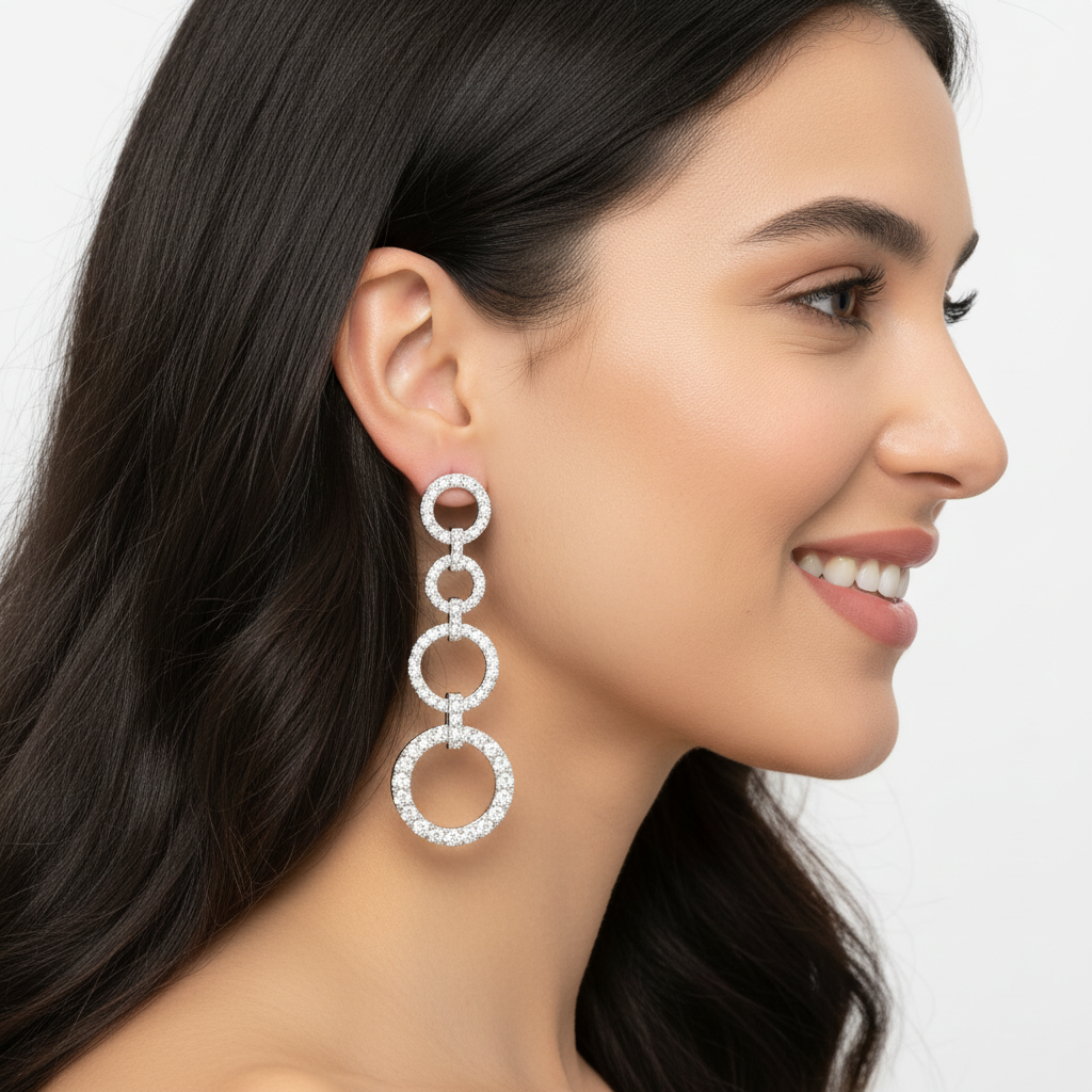 Triple Circle Link Drop Earrings With Pav Crystals - Five