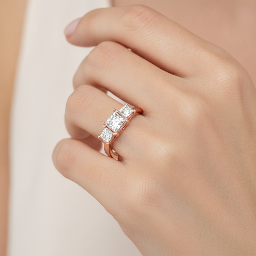 Sparkling Diamond Tri Stone Ring In 925 Sterling Silver - Thirteen