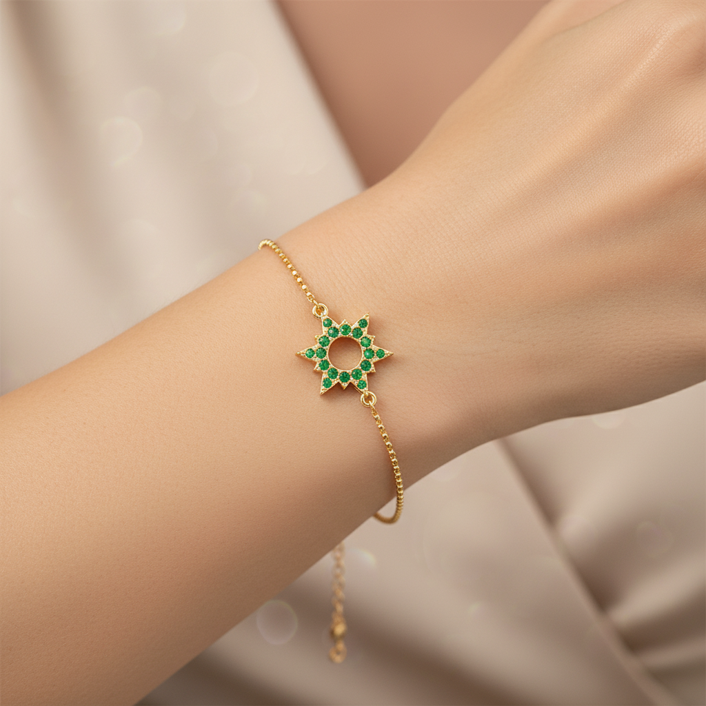 Green Gemstone Starburst Bracelet With Chain Link Design - Eight