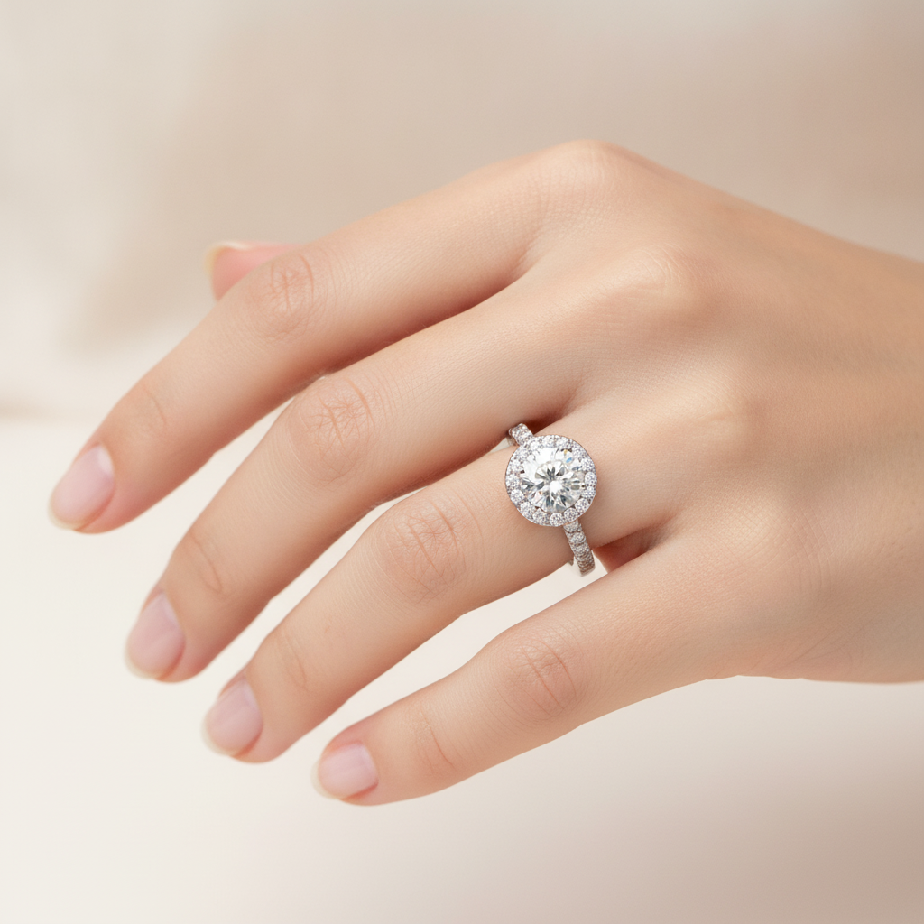Dreamy Classic Halo Diamond Engagement Ring In 925 Sterling Silver - Thirteen
