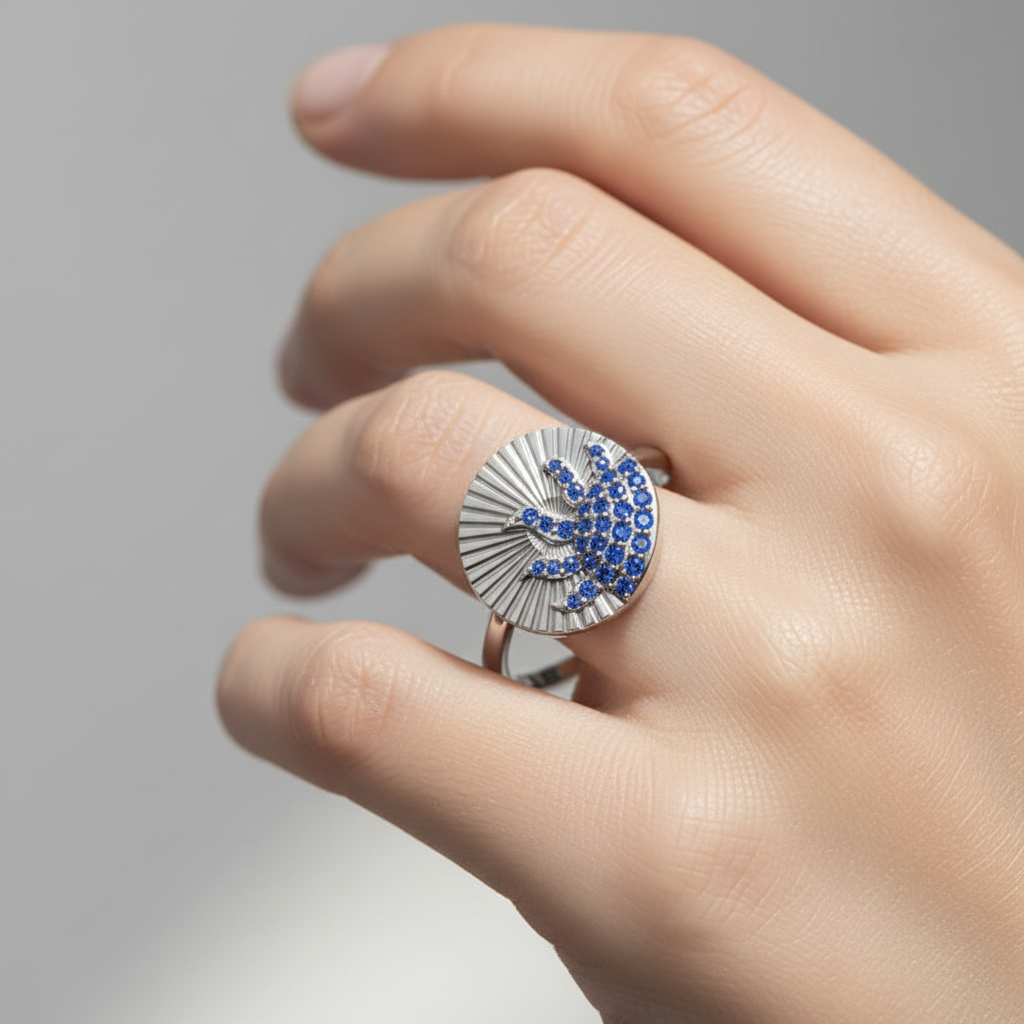Blue Sapphire Wave Ring With Textured Sunburst Design - Eight