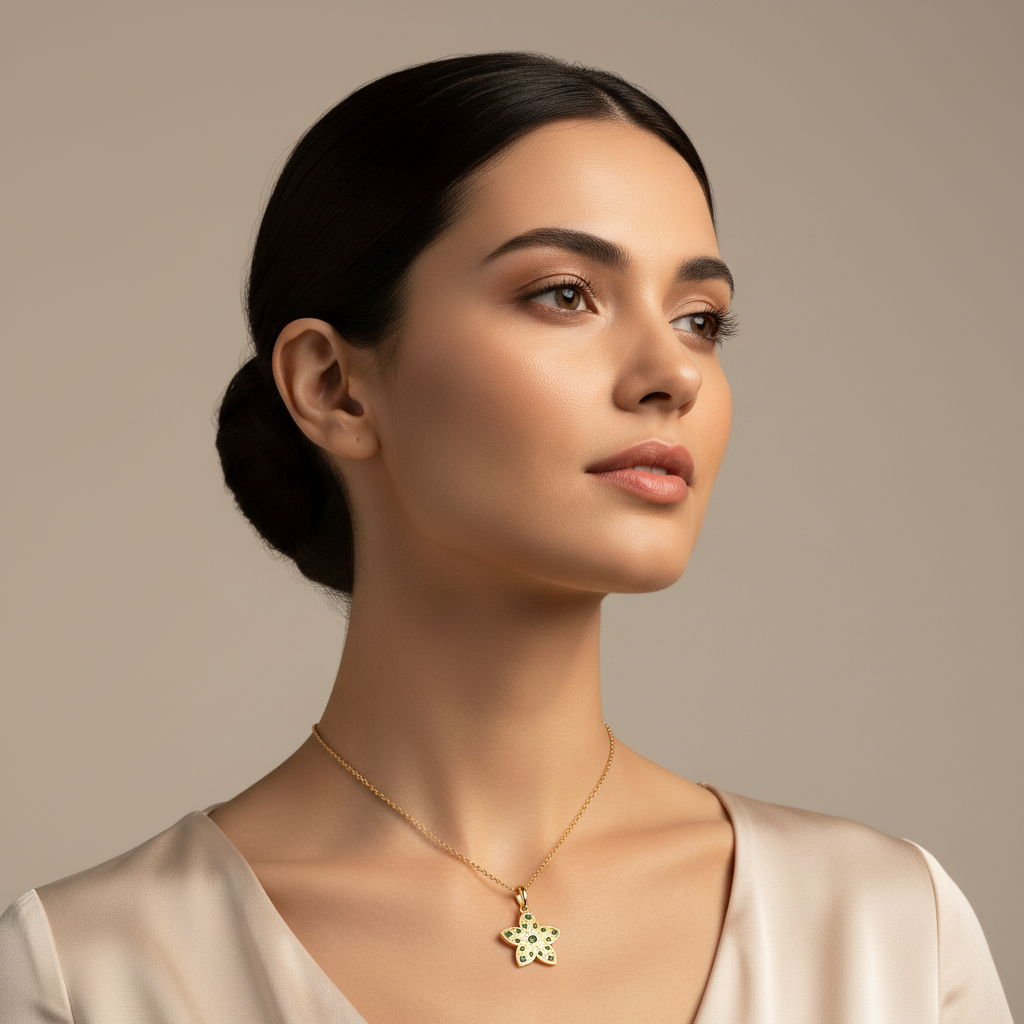 Minimalist Floral Pendant Necklace Green Stones In Yellow Gold - Five
