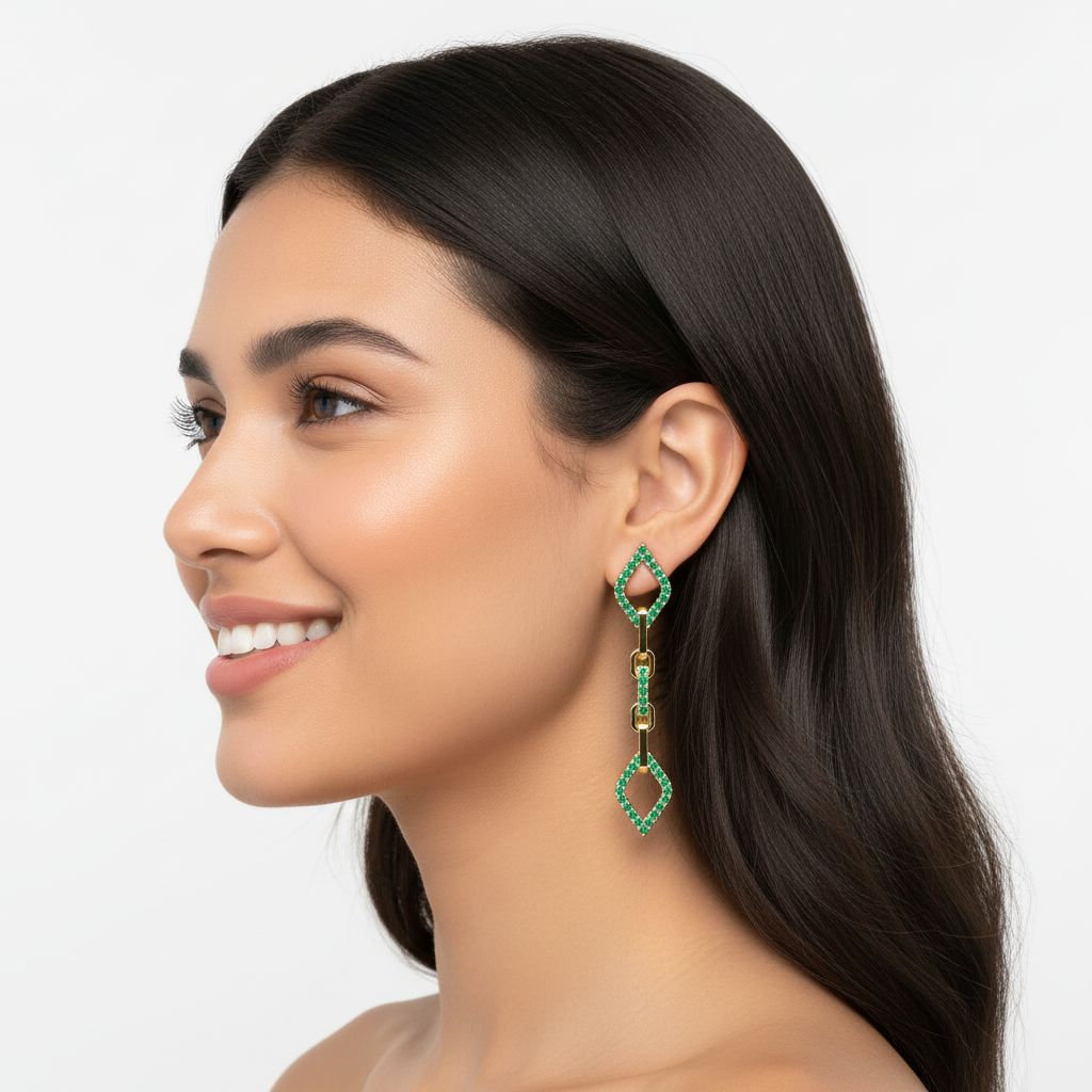 Emerald Chain Link Drop Earrings With Geometric Diamond Shapes - Five