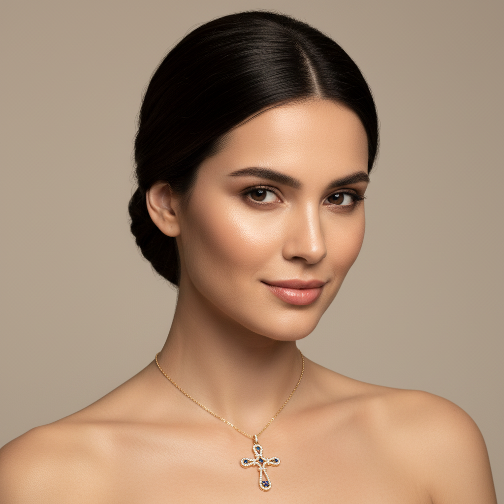 Blue Sapphire And Diamond Cross Pendant Necklace - Four