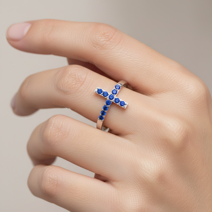 Blue Sapphire Cross Ring Delicate Stackable Band - Eight