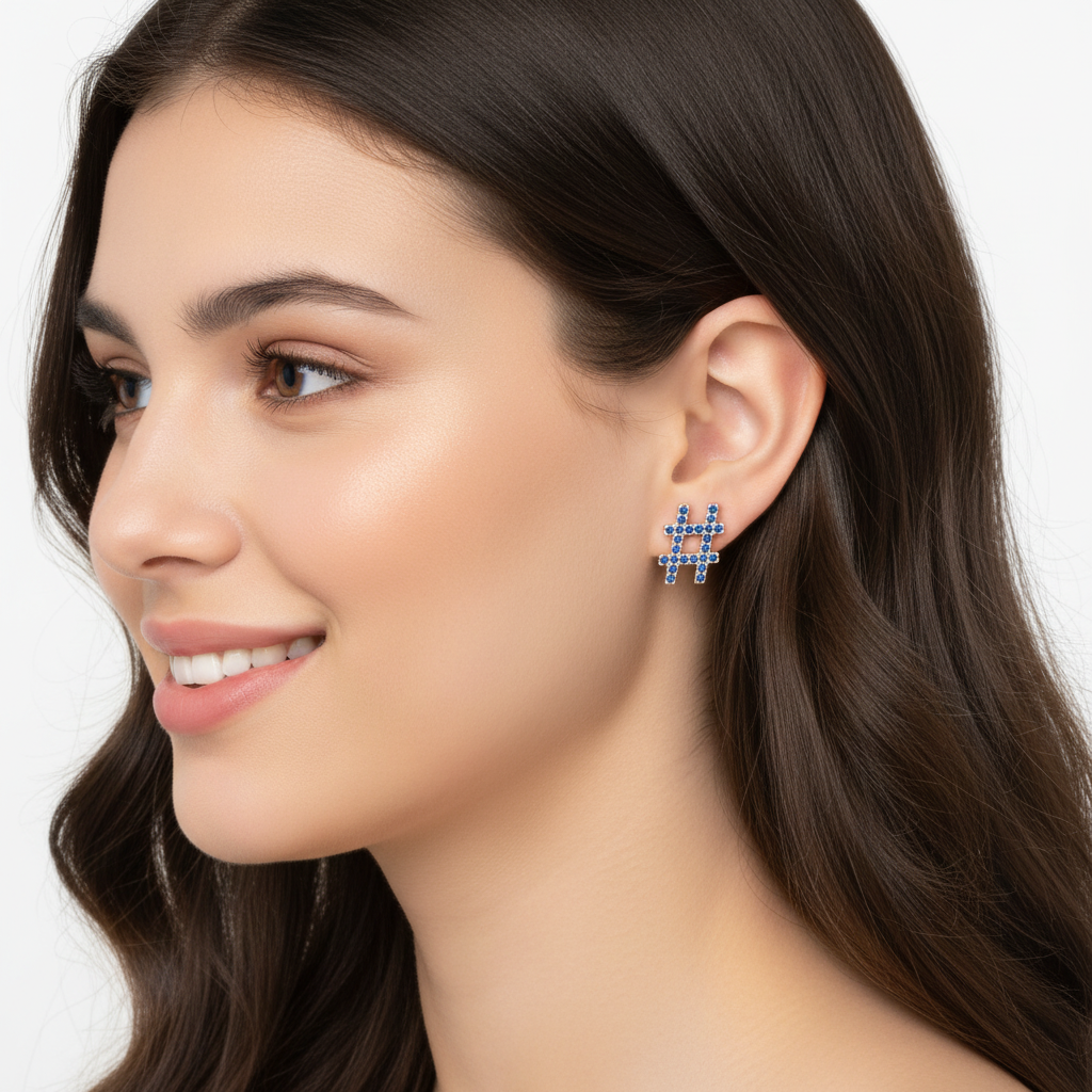 Blue Crystal Hashtag Symbol Stud Earrings - Five