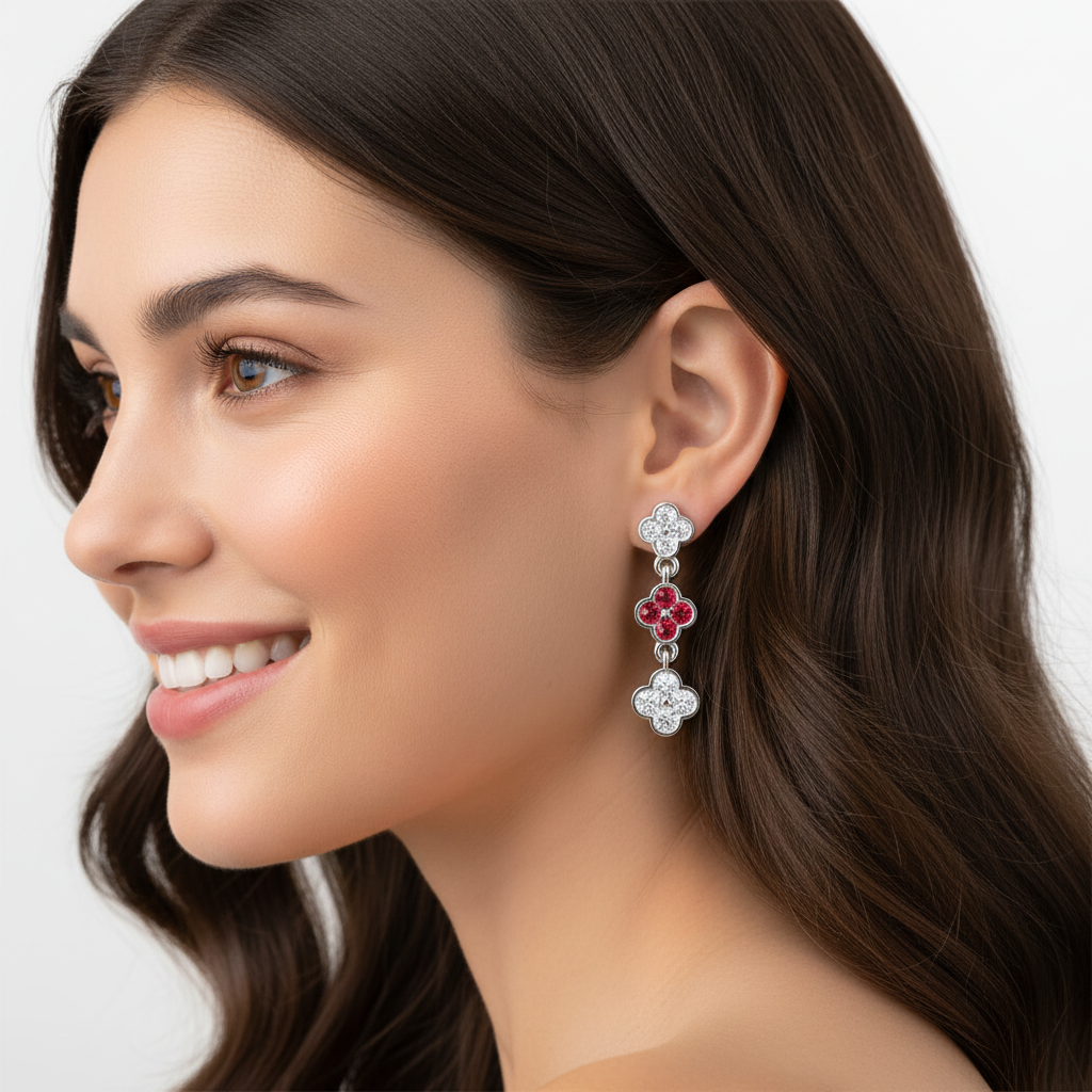 White Gold Diamond And Gemstone Clover Drop Earrings - Eight