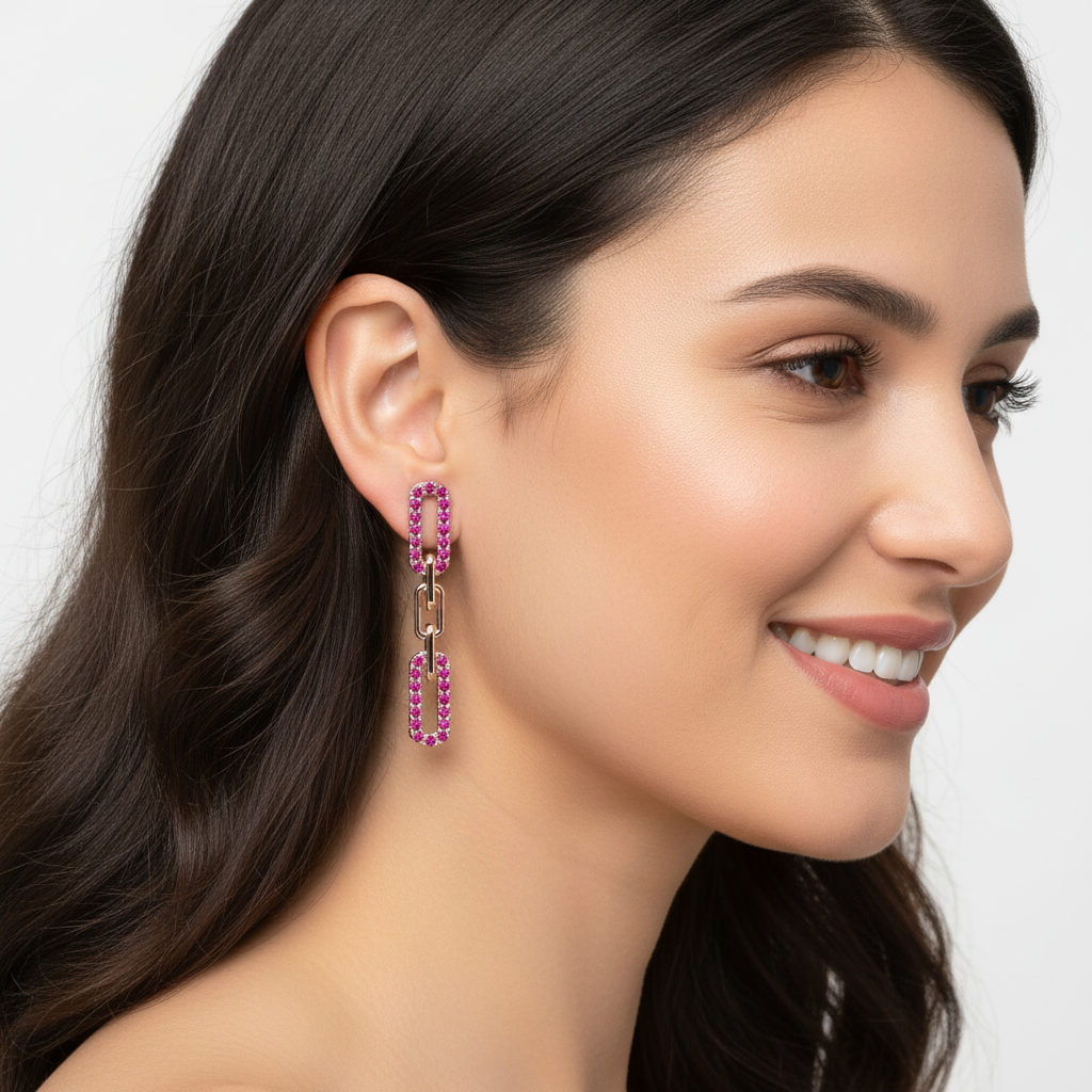Pink Gemstone Chain Link Drop Earrings - Five