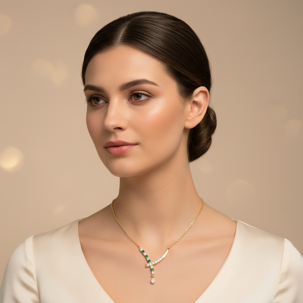 Natural Diamond Curved Bar Necklace With Green Gemstone Drop Pendant - Fourteen
