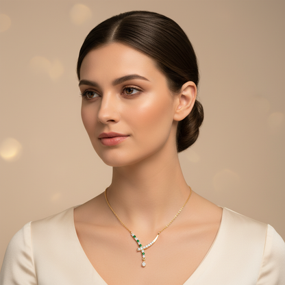 Natural Diamond Curved Bar Necklace With Green Gemstone Drop Pendant - Fourteen