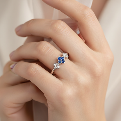 Blue Sapphire And Diamond Triple Flower Cluster Ring - Two